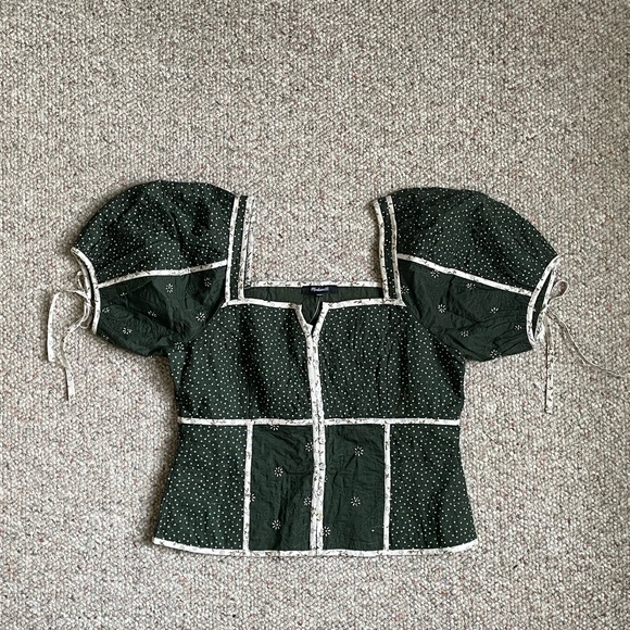 Madewell Dark Green Puff Sleeve Top - Picture 1 of 5